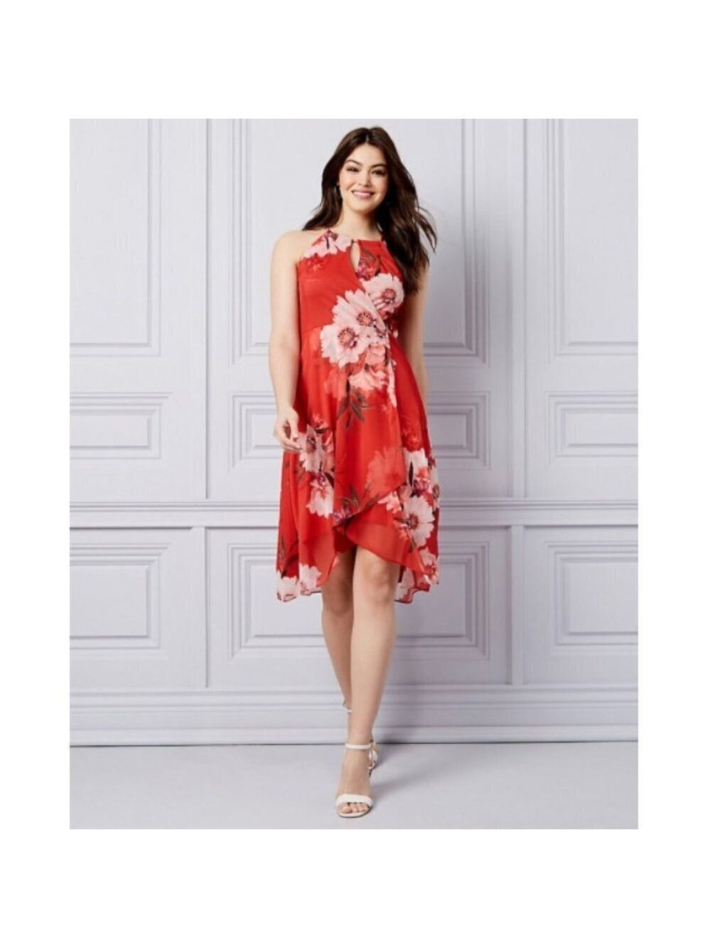 Women Le Chateau Floral Print Knit Halter Neck Papaya / Blush Dress Size…